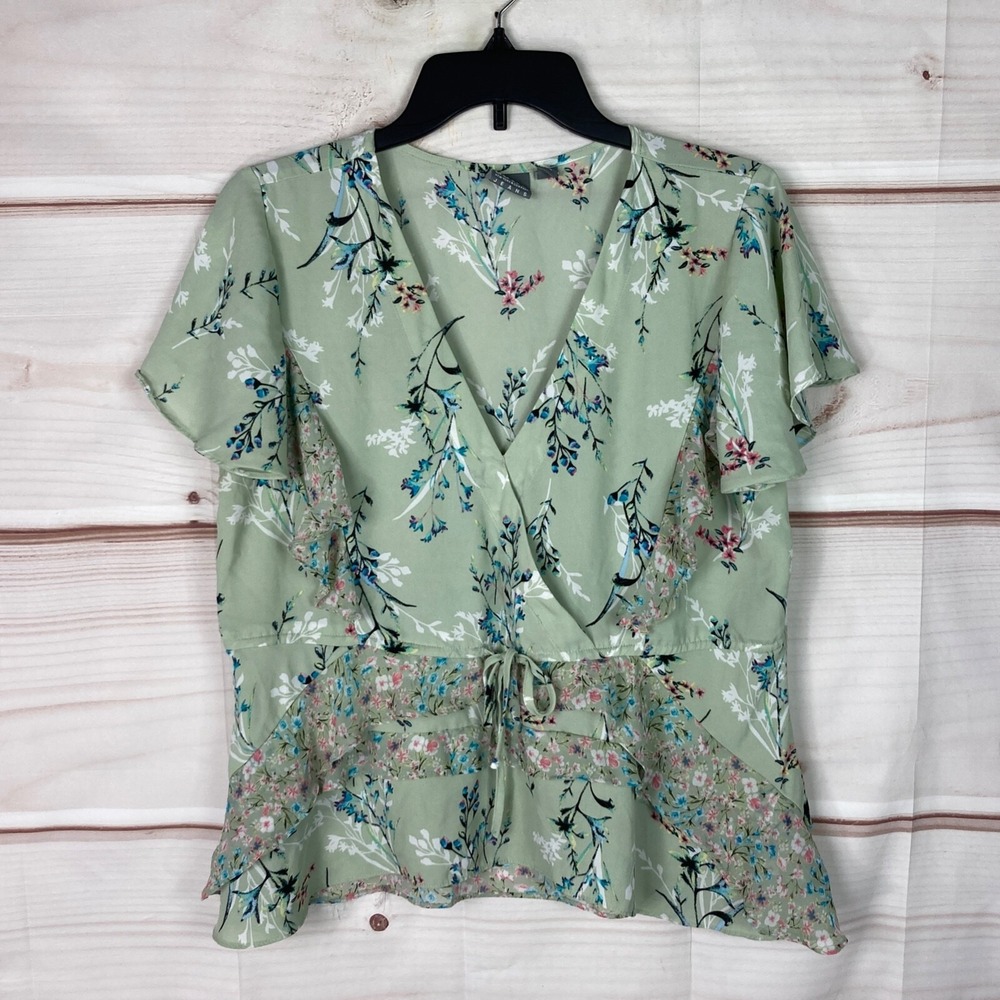 SOHO Top Womens Small Green Faux Wrap Blouse Floral Tie Waist Flutter Sleeve